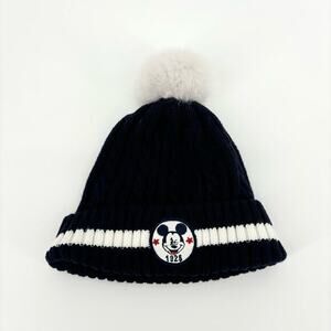 H&M Cable Knit Mickey Mouse Hat Pompom Size 2/6 Months Navy‎ White